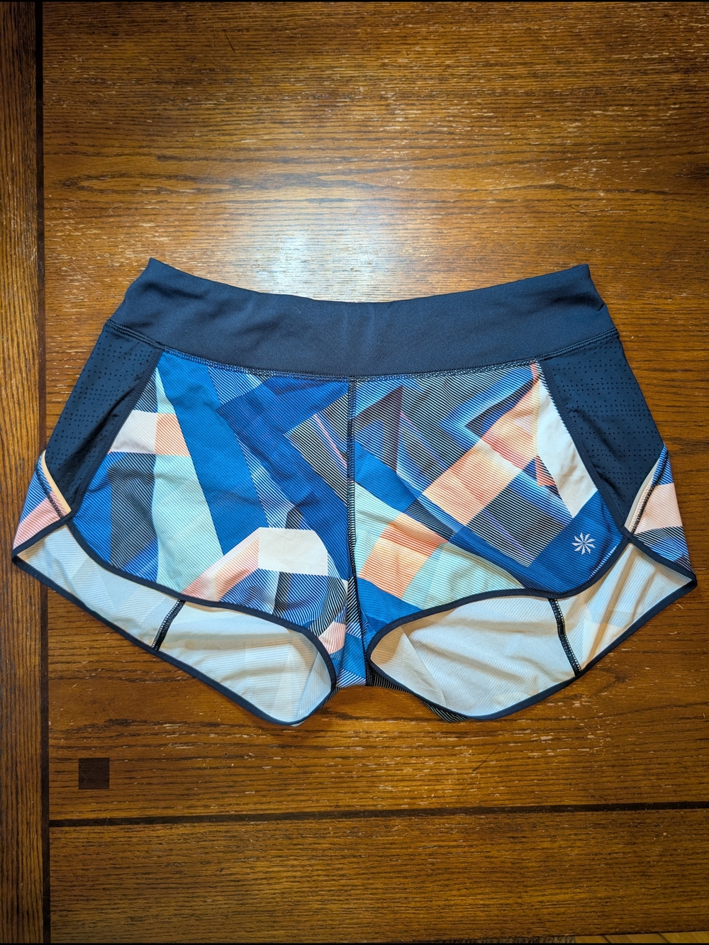 Athleta Blue Geometric Athletic Shorts with Peach Accents Women's Small